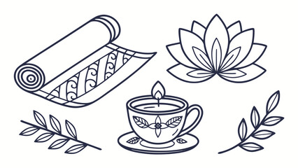 Yoga mat, lotus flower, burning candle in cup, and branches