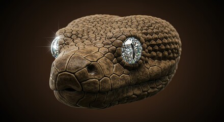 Close up of a snake head with detailed texture and metallic eyes
