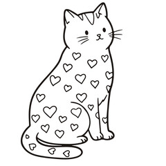 Cute cat with hearts vector illustration adorable feline pet animal love design graphic outline drawing 