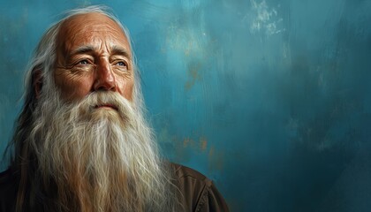 Elderly Gentleman With A Lengthy Beard Wearing Blue Attire: A Portrait Of A Wise Looking Man With A Profound Appearance.