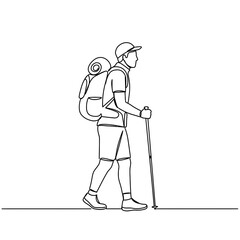 Young man hiking with backpack and trekking pole in linear style  