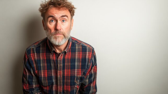 A middle aged man with grey beard and blue eyes looks at the camera with a worried expression. He wears a red and blue plaid shirt. The background is a plain light color - Powered by Adobe