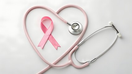 Pink ribbon and stethoscope isolated on white background