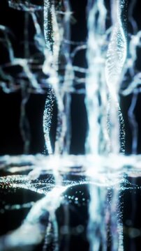 hypnotic video of luminous data particles and ethereal light tendrils weaving intricate neural patterns in a sleek digital abyss, emphasizing infinite depth. Concept of advanced technology