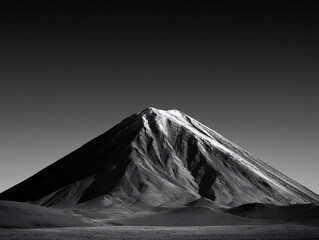 Symmetrical volcanic mountain with snow-capped peak in dramatic black and white tones under a dark gradient sky creating a minimalist landscape