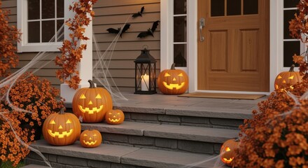 Obraz premium Jack o lanterns and autumn decorations adorn the steps of a house for halloween night