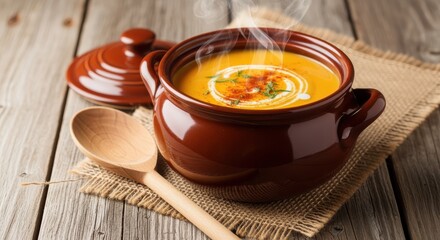 Steaming butternut squash soup served in rustic earthenware pot on burlap and wooden table