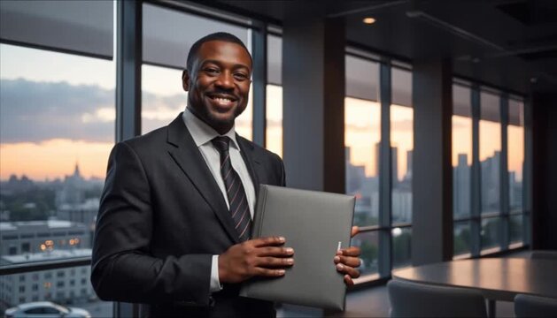 Black businessman holding presentation folder while smiling in office  