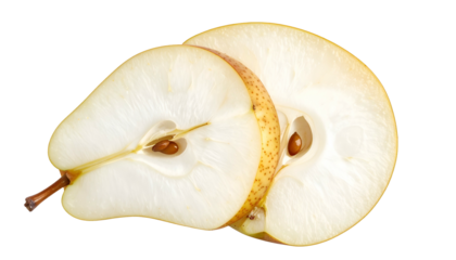 Two pear slices revealing seeds, flesh, and skin details