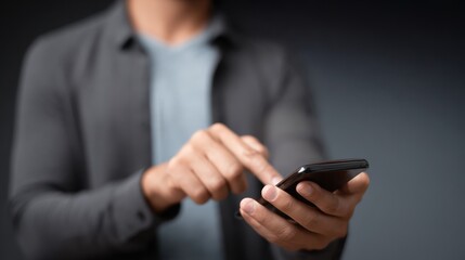 A person is using a smartphone, focusing on their hand and device, with a blurred background conveying a modern, tech-savvy atmosphere.