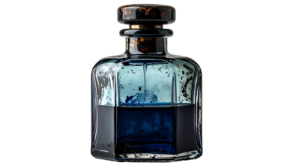 Square glass bottle with dark blue liquid and gold-colored cap