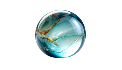 Transparent sphere with fluid turquoise, gold, and white swirling design