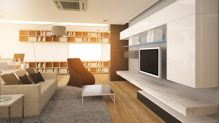 The living area of the house is a sofa and chairs. and stairs modern style decoration,3d rendering