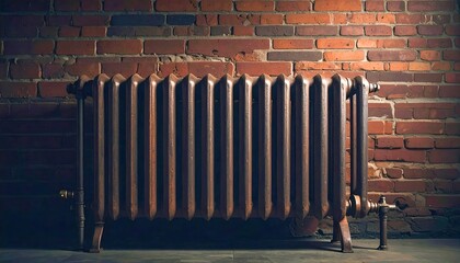 Antique metallic radiator with rustic wall background, vintage heating equipment, retro architecture detail, atmospheric craftsmanship, industrial inspiration, heritage structural framework