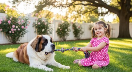 A young girl plays tug-of-war with a large Saint Bernard dog on a sunny lawn in a backyard.