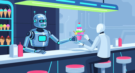 Robot bartender serves an ice cream sundae to a futuristic customer at a dessert bar