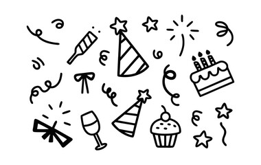 Hand drawn doodle collection of birthday party elements and celebration symbols on white background