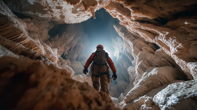 Spelunker Facing Light Under Limestone Vault, Headlamp Silhouette in Vast Cavern