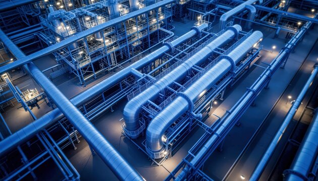 Futuristic industrial factory with metallic pipes and heating equipment, large symmetrical architecture, retro mechanical inspiration, heritage decorative background element.