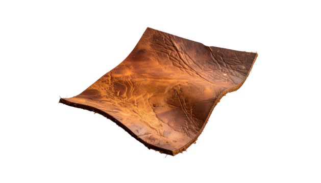Close-up view of a textured, brown, leather sheet, isolated on black