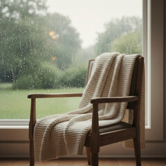 Cozy chair with a blanket near a rainy window in a relaxed ambiance