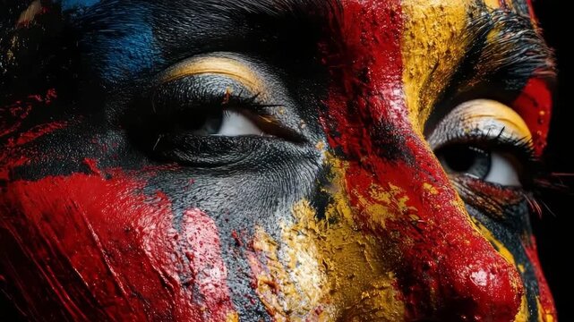 A captivating portrait featuring a face adorned with vibrant, abstract body paint and piercing blue eyes.