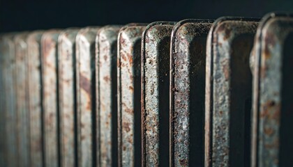 Weathered metallic radiator with rust texture, antique heating element, retro architectural framework, atmospheric craftsmanship, vintage industrial design inspiration, decorative detail background.