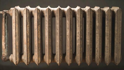 Antique rustic radiator with metallic surface, vintage industrial heating equipment, retro architectural design, atmospheric mechanical detail, heritage framework, structural element background.