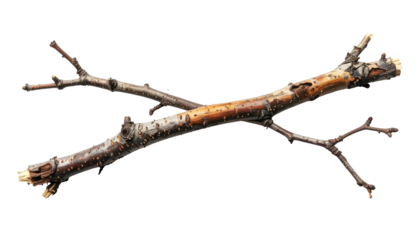 Crossed rustic twigs, natural wood with textured surface on black