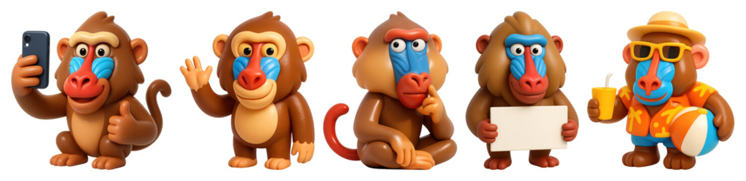 PNG Colorful cartoon baboon characters, element set on transparent background
