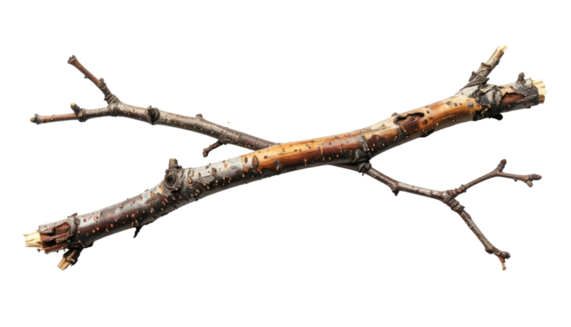 Crossed rustic twigs, natural wood with textured surface on black - Powered by Adobe