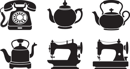 Vintage Home Essentials A Nostalgic Collection of Rotary Phone Teapots and Sewing Machines in Silhouette