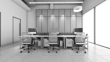 6-seat staff office in loft style, white light tone from outside reflecting into the office, direct view, 3D rendering