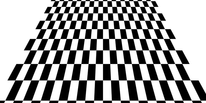 Empty checkerboard in perspective. Tiled mosaic floor. Sloped chessboard plane texture. Inclined board with black and white squares pattern isolated on white background. Vector graphic illustration.