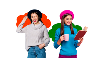 Composite photo collage of two happy girls hold coffee cup wink read book enjoy cozy autumn atmosphere season isolated on painted background