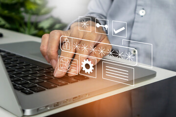 Concept of businessman using laptop with data security and prevent access to code in internal...