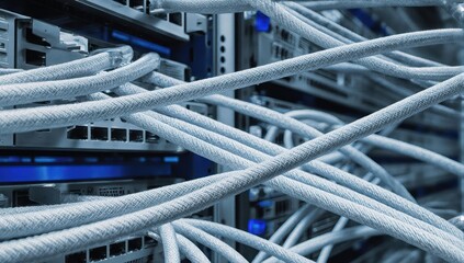 Close-up of tangled network cables in a server rack