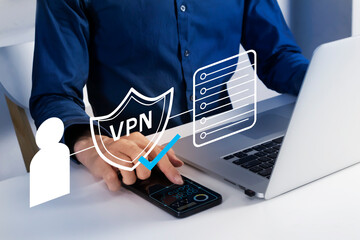 VPN concept, a technology that creates a virtual private network connection over the internet, anonymizing user data, blocking IP addresses for source verification.