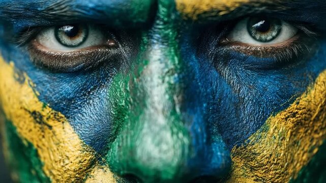 A close-up portrait of a person's face painted with the vibrant colors of the Brazilian flag.