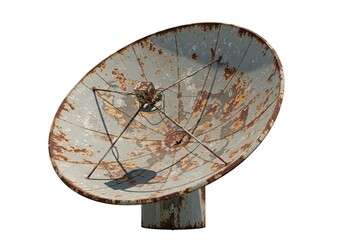 An old rusted satellite dish weathered and abandoned isolated on a white background 