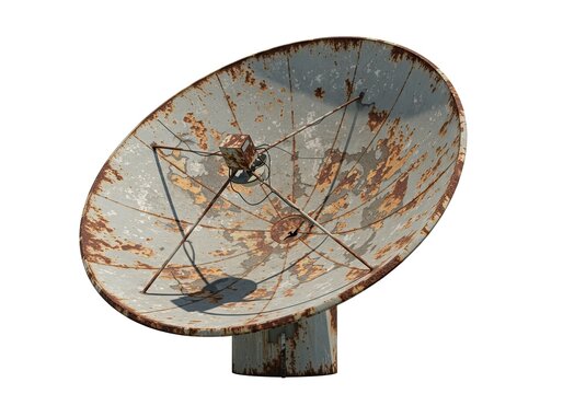 An old rusted satellite dish weathered and abandoned isolated on a white background 