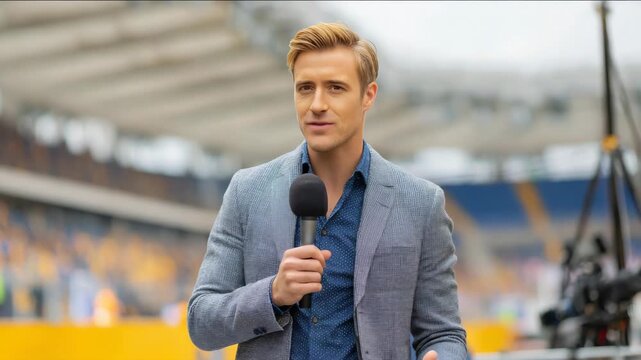 The reporter is holding a microphone, ready to interview someone at the sports stadium.