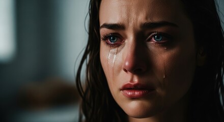 Close-up of a young woman with tears streaming down her face, expressing sadness and emotional distress.