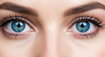 Obraz premium Close-up of a woman's face showcasing her bright blue eyes and long eyelashes.
