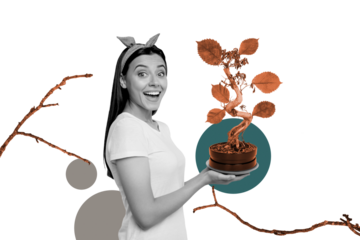 Composite trend artwork image collage of copyspace autumn season weather outdoors nature young lady pinup hairdo hand hold plant tree pot