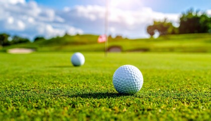 "Two golf balls on green course with red flag in distance, surrounded by trees and bathed in warm sunlight, evoking calm precision."