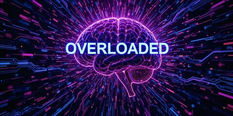 A visually striking representation of a brain with the word 'OVERLOADED' illuminated in bold, showcasing themes of cognitive overload and mental frenzy.