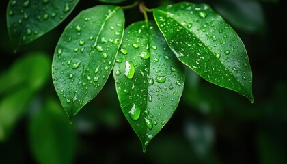 Fototapeta premium Water Droplets Glisten On The Lush Leaves Of The Jungle In A Natural Rainforest Setting. The Foliage Is Drenched In Moisture.
