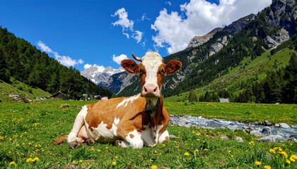"Brown and white cow standing in grassy meadow with mountain peaks, trees, and cabin in warm morning light under blue sky."