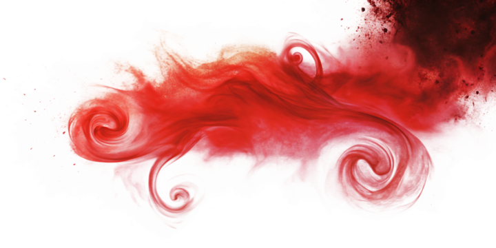 Swirling red powder explosion isolated on a transparent background